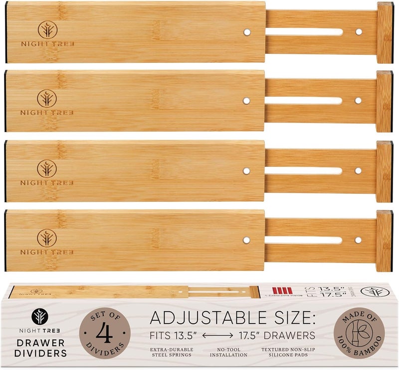 Night Tree Expandable Bamboo Drawer Dividers – Spring-Loaded Wooden Organizers for Clothes, Kitchen Utensils, Bathroom, and Dresser Drawers (13.5" to 17.5") - Image 1